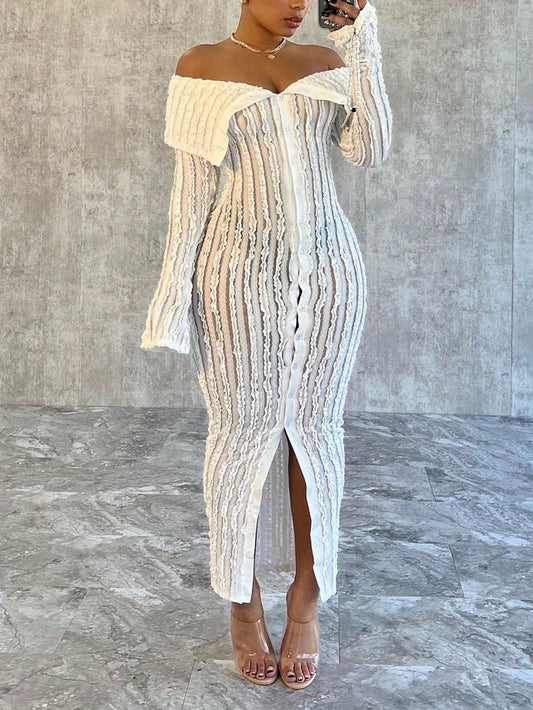 Women'S Off-Shoulder Long Sleeve Knitted Dress White Summer
